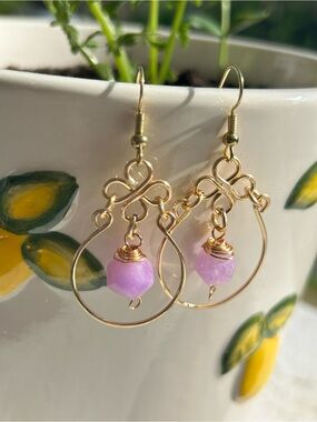 Artisan Gold Filigree Drop Earrings with Lavender Chalcedony Beads -